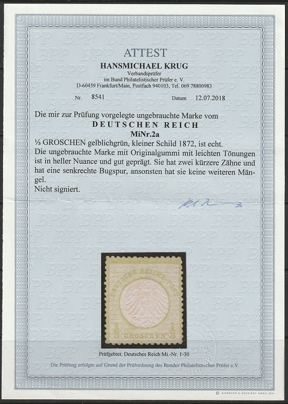 Germany 1872 Sc 2 MH* with BPP certificate