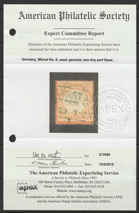 Germany 1872 Sc 8 used Frankfurt cancel with APS certificate & signed