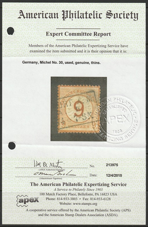 Germany 1874 Sc 28 used Frankfurt a.M. cancel with APS certificate thins