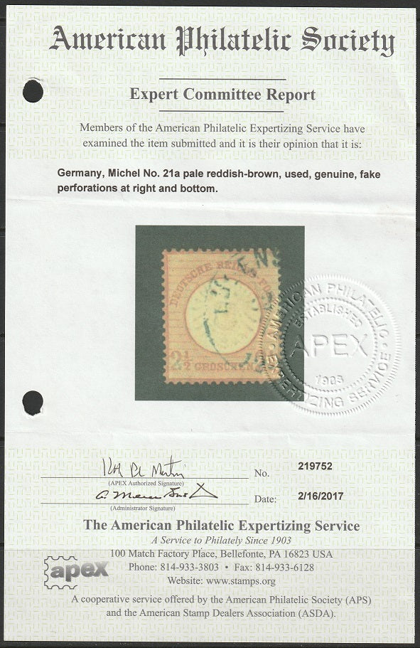 Germany 1872 Sc 19 used with APS certificate reperfing