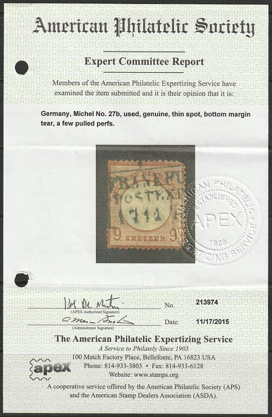 Germany 1872 Sc 25a used Frankfurt cancel with APS certificate thin/small tear at bottom