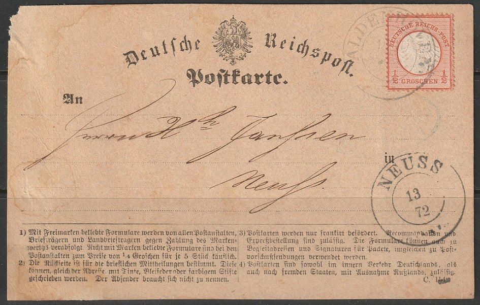 Germany 1872 Sc 3 postcard from Aldenhoven to Neuss