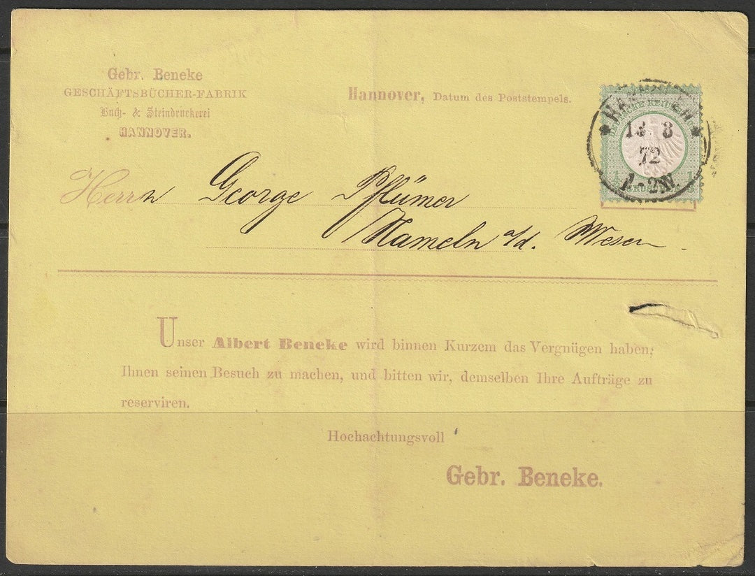 Germany 1872 Sc 2 sales appointment card from Hannover to Hameln