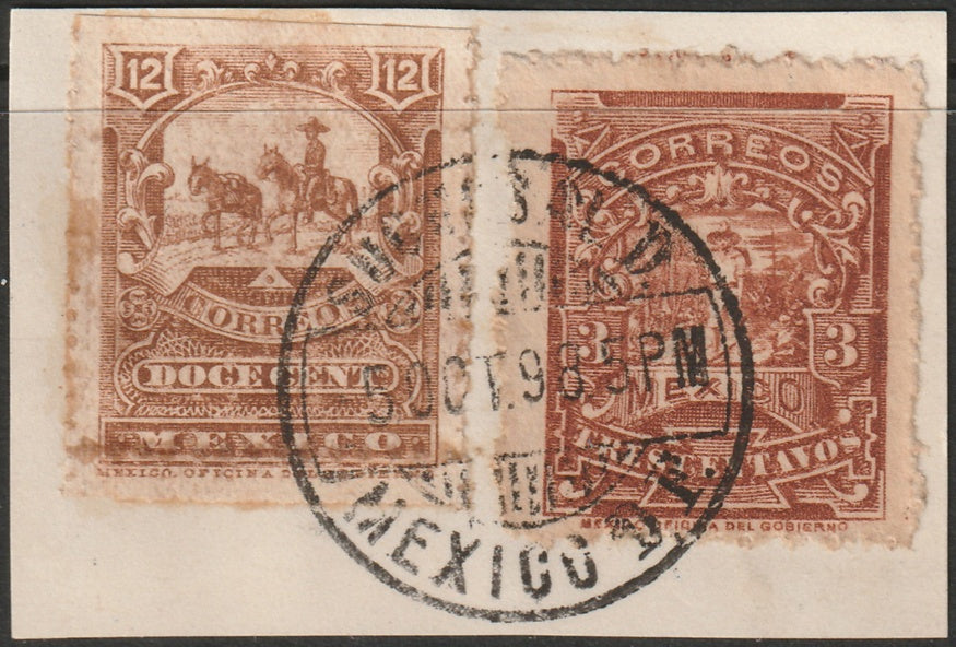 Mexico 1898 Sc 281,285 used on piece Mexico DF cancel