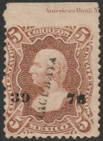 Mexico 1876 Sc 106 inscription single MNG(*) "Tacubaya 39 76" overprint vert laid paper