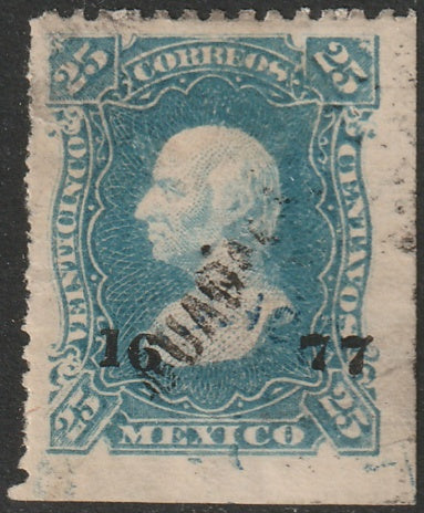 Mexico 1877 Sc 114 corner single used watermark "Guadalajara 16 77" overprint small tear