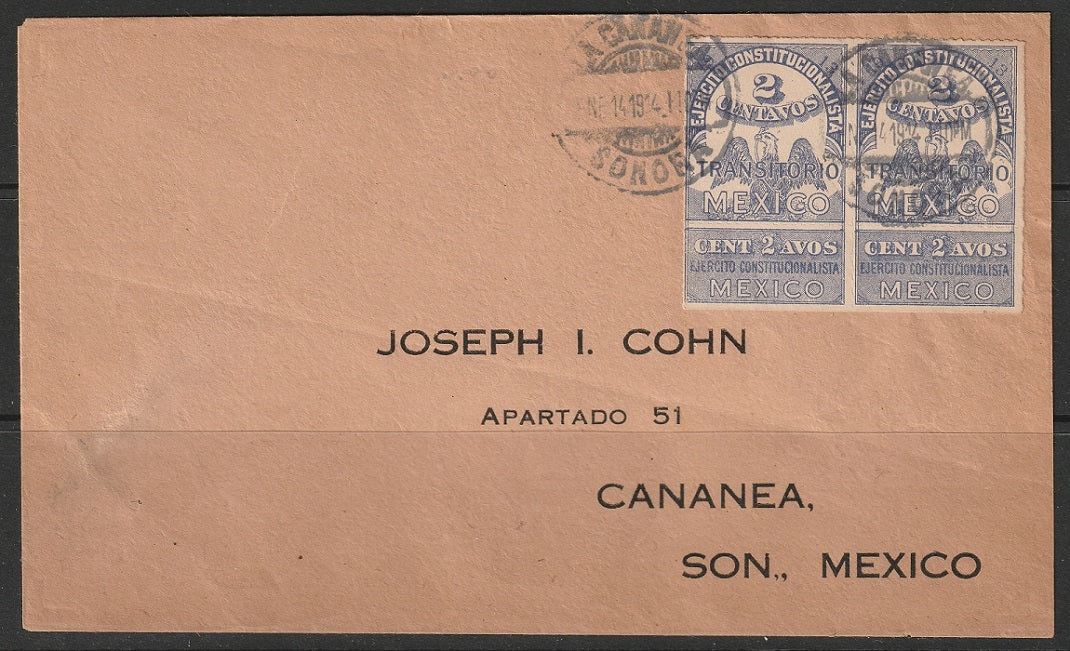 Mexico 1914 Sc 348 pair used with talons on cover to/from Cananea Sonora