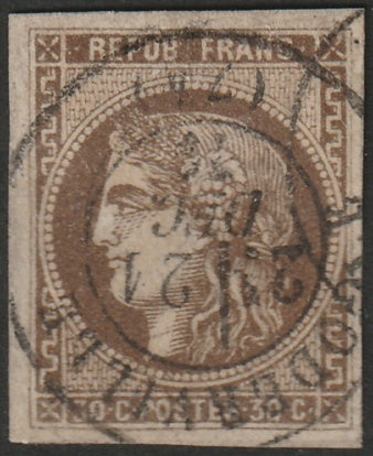 France 1870 Sc 46 used Goderville cancel small margin repair