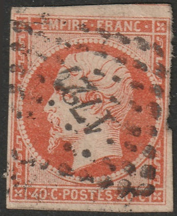 France 1853 Sc 18d used "1727" (Lamonzie-St Martin) PC cancel deep orange damaged side