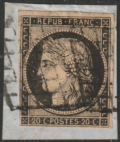 France 1849 Sc 3 used grille cancel on piece