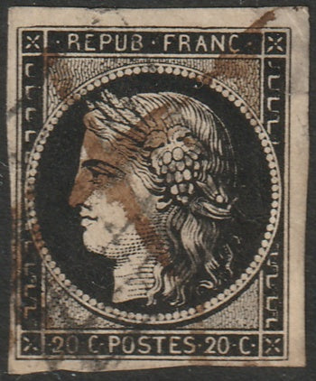 France 1849 Sc 3 used pen & grille cancel corner thin