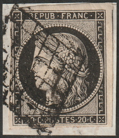 France 1849 Sc 3a used grille cancel on piece