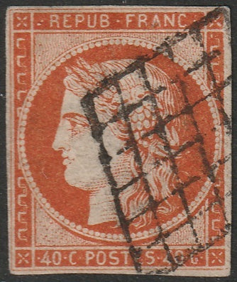 France 1850 Sc 7a used faulty grille cancel thin/internal tear