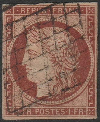 France 1849 Sc 9b used grille cancel brown carmine small thin