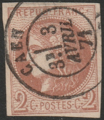 France 1870 Sc 39 used Caen date cancel thin at top