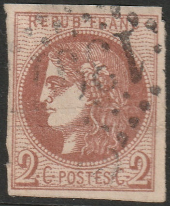 France 1870 Sc 39 used "1307" (Dijon) GC cancel large crease