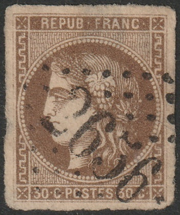 France 1870 Sc 46 used faulty "2656" (Nice) GC cancel large thins