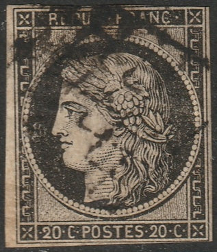 France 1849 Sc 3 used grille cancel small thin