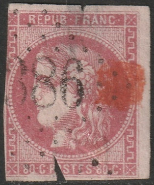 France 1870 Sc 48 used faulty "386" GC cancel large tears/thin