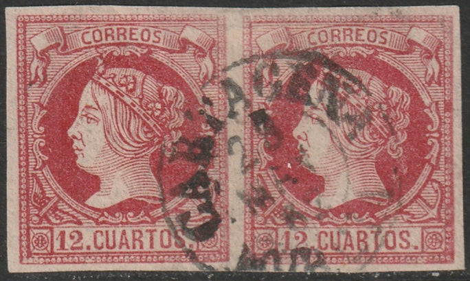 Spain 1860 Sc 51 pair used Cartagena cancel