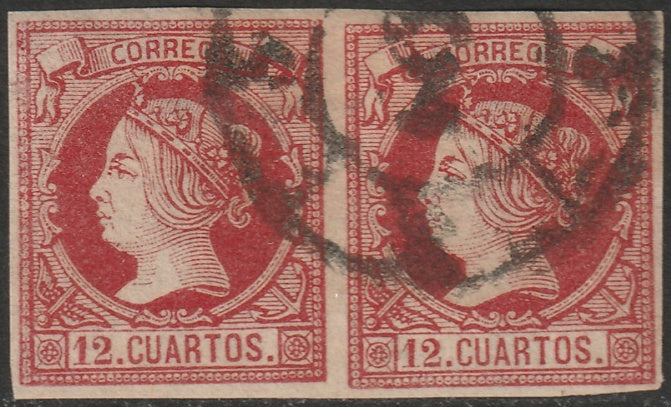 Spain 1860 Sc 51 pair used "3" (Cadiz) cartwheel cancel