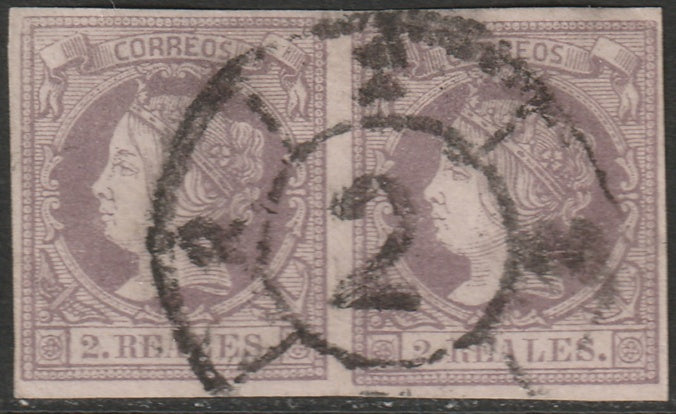 Spain 1860 Sc 54 pair used "2" (Barcelona) cartwheel cancel