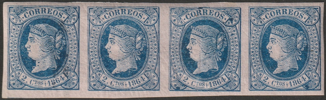 Spain 1864 Sc 61 strip of 4 used cleaned cancels & regummed