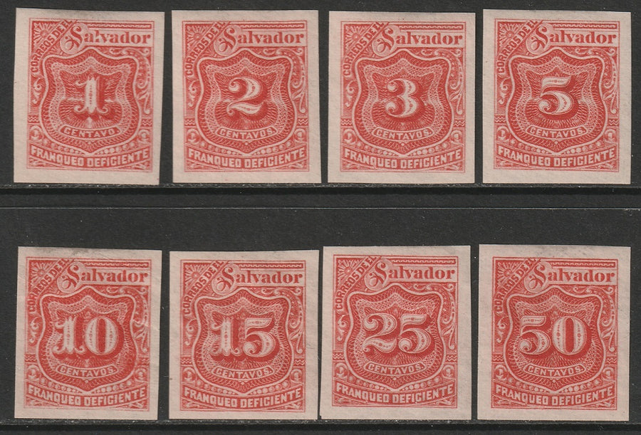 El Salvador 1896 Sc J17-24 postage due set MH* imperf