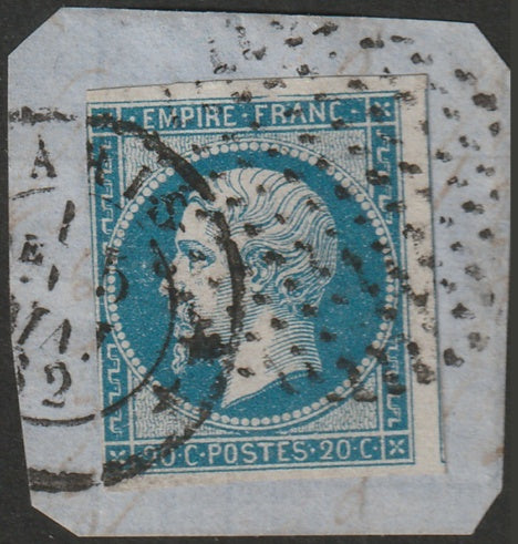 France 1860 Sc 15d used cercle de points & Paris date cancels on piece