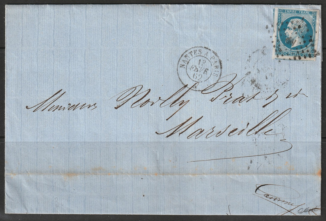 France 1862 Sc 15d folded letter from Nantes to Marseille "NP" ambulant cancel