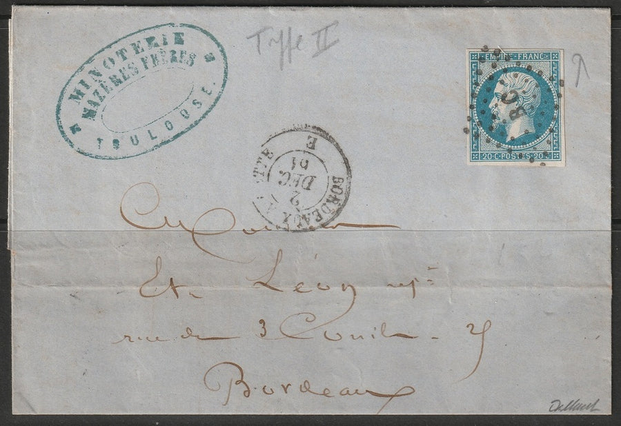 France 1861 Sc 15d folded letter from Toulouse to Bourdeaux "BC" ambulant cancel