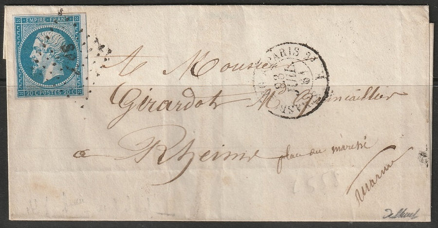 France 1861 Sc 15 folded letter to Rheims "SP" ambulant cancel