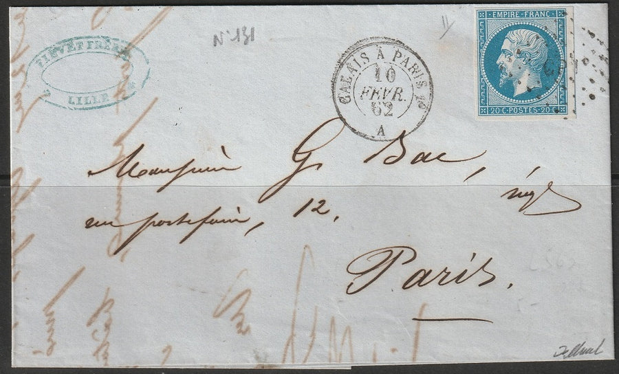 France 1862 Sc 15d folded letter from Lille to Paris "CP1" ambulant cancel