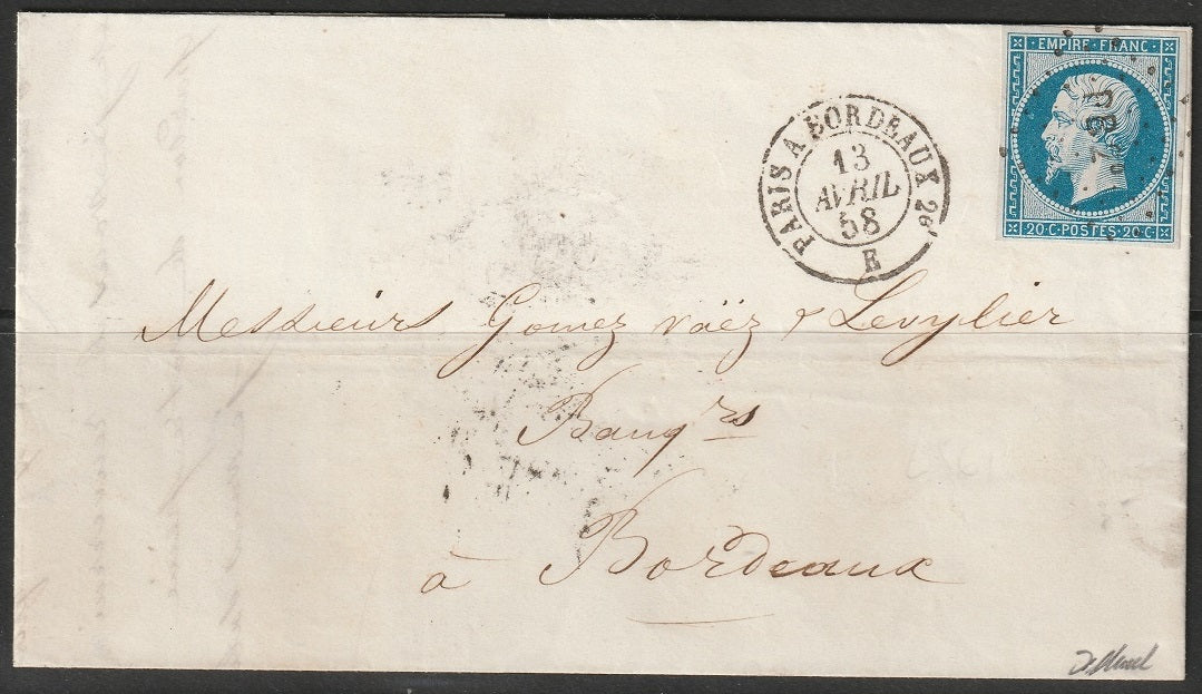 France 1858 Sc 15 folded letter from Libourne to Bordeaux "BP2" ambulant cancel