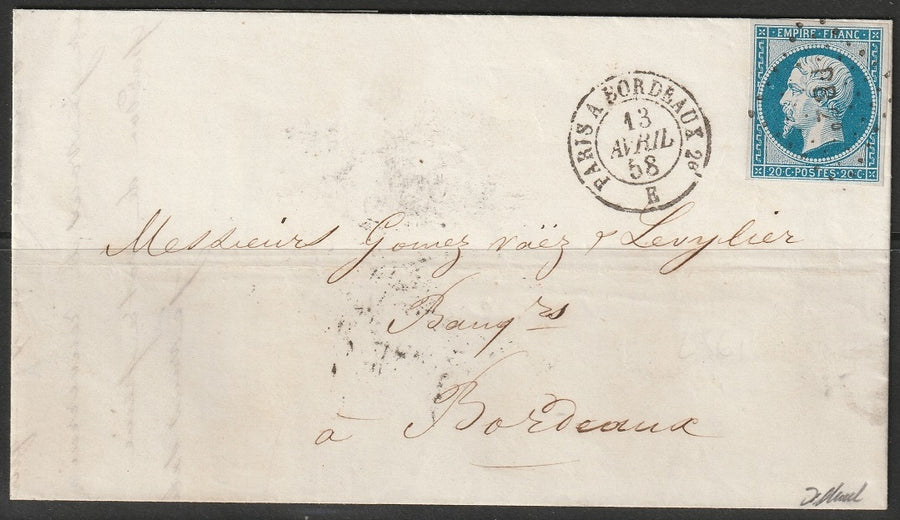 France 1858 Sc 15 folded letter from Libourne to Bordeaux "BP2" ambulant cancel