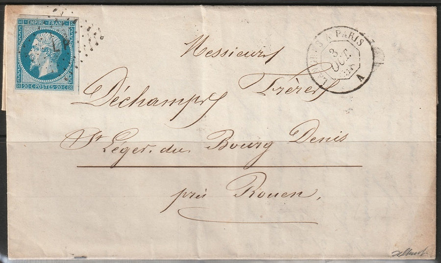 France 1858 Sc 15 folded letter from Troyes to Rouen "LP" ambulant cancel