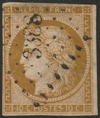 France 1850 Sc 1 used "3388" (Tourcoing) PC cancel thins