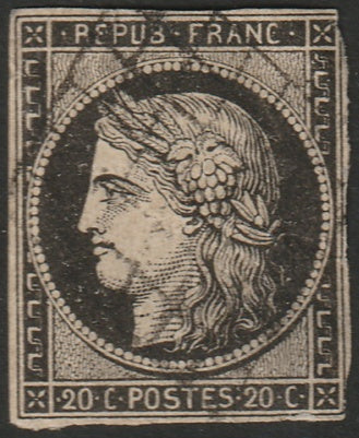 France 1849 Sc 3 used grill cancel large thin