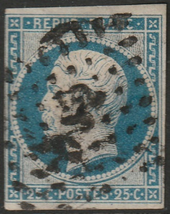 France 1852 Sc 11 used PC cancel heavy hinge