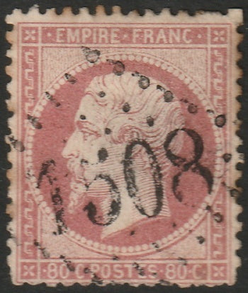 France 1862 Sc 28 used "1508" (Firminy) GC cancel perf toning