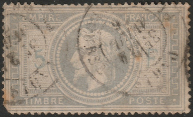 France 1869 Sc 37d used "5 and F in blue" Paris cancels toning spots