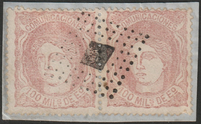 Spain 1870 Sc 167 pair used rumbo de puntos cancel on piece