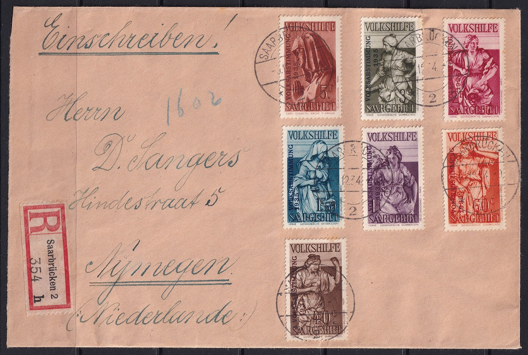 Saar 1934 Sc B54-60 registered cover to Nijmegen with complete set