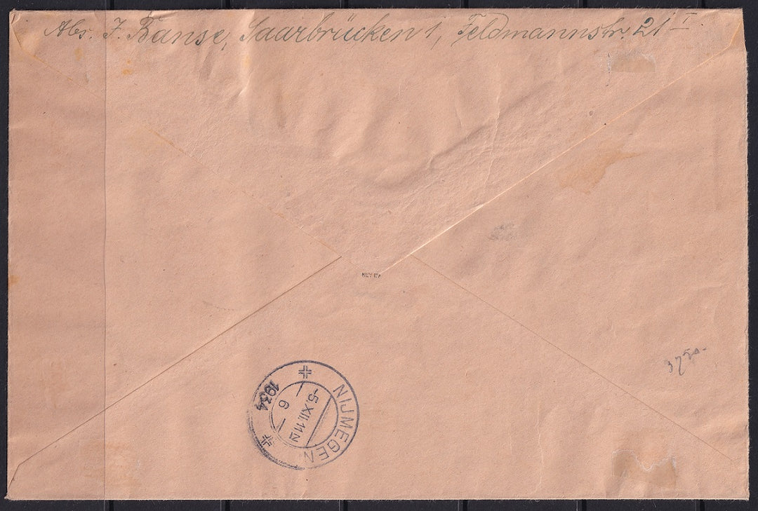 Sobre certificado Saar 1934 Sc B54-60 a Nijmegen con juego completo