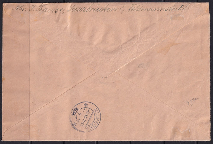 Sobre certificado Saar 1934 Sc B54-60 a Nijmegen con juego completo