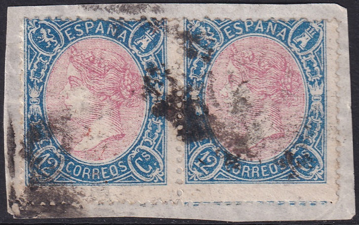 Spain 1865 Sc 76 pair used on piece