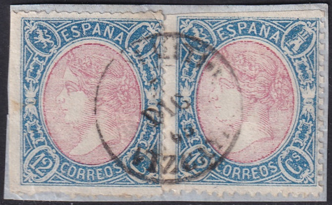 Spain 1865 Sc 76 pair used Vizcaya cancel on piece