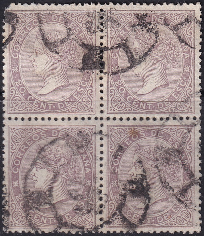 Spain 1867 Sc 93 block used cartwheel cancels