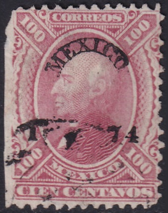 Mexico 1874 Sc 111 used "Mexico 1 74" overprint trimmed corner