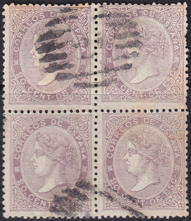 Spain 1867 Sc 93 block used parilla cancels toning spots